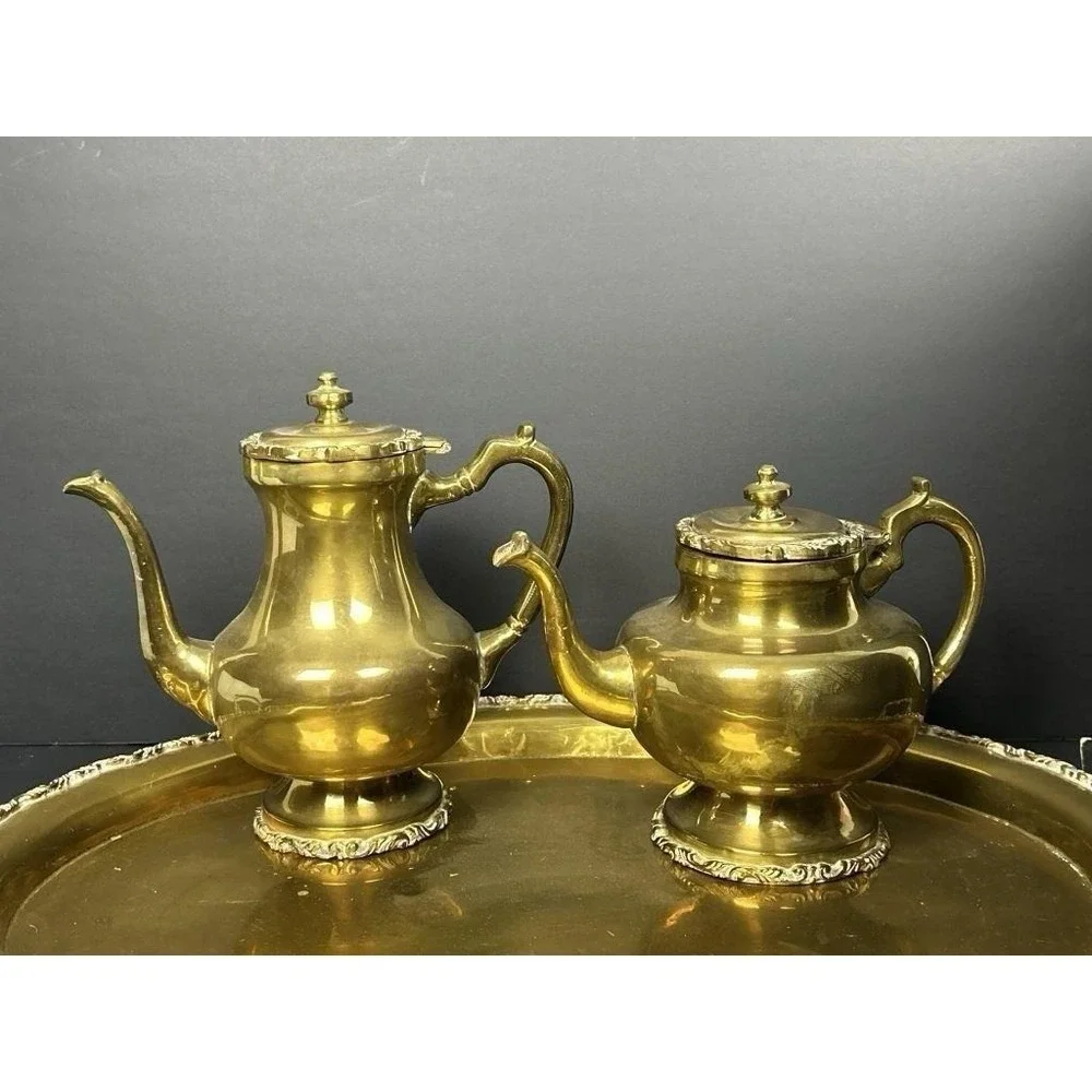 Vintage Solid Brass Tea Coffee Set Tray 4 Pc Teapot Creamer Sugar Ornate
